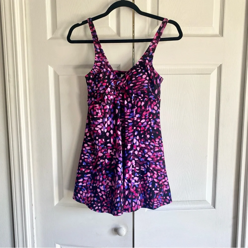 Swim Solutions Printed Tummy-Control Bow-Front One-Piece Swim-dress 8 - Picture 1 of 7